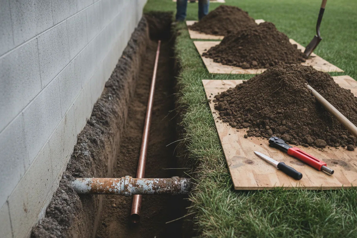 Excavated water line trench during Sewer Line Repair in High Bridge